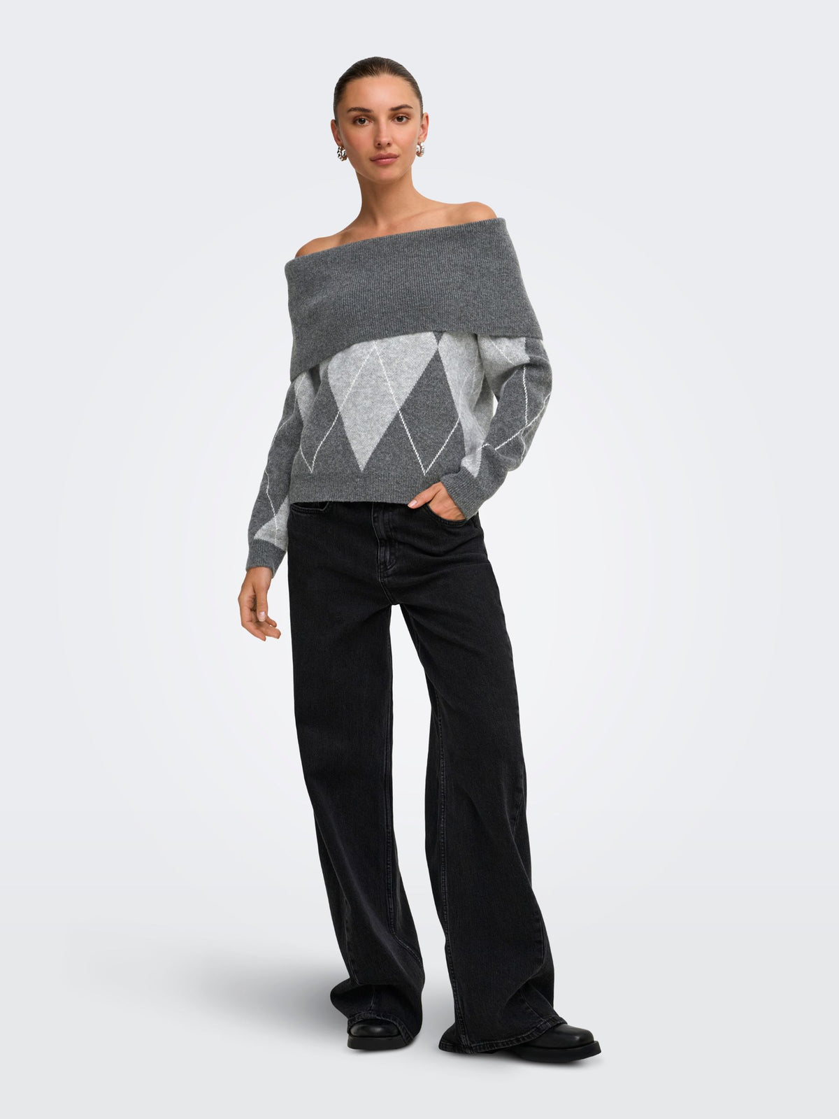 ONLY - Alivia Argyle Off Shoulder Pullover Sweater -