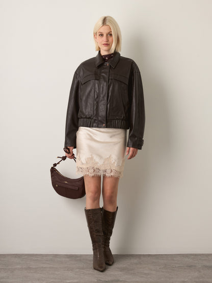 LOVEFINN - Satin Lace Trim Miniskirt - Pearl
