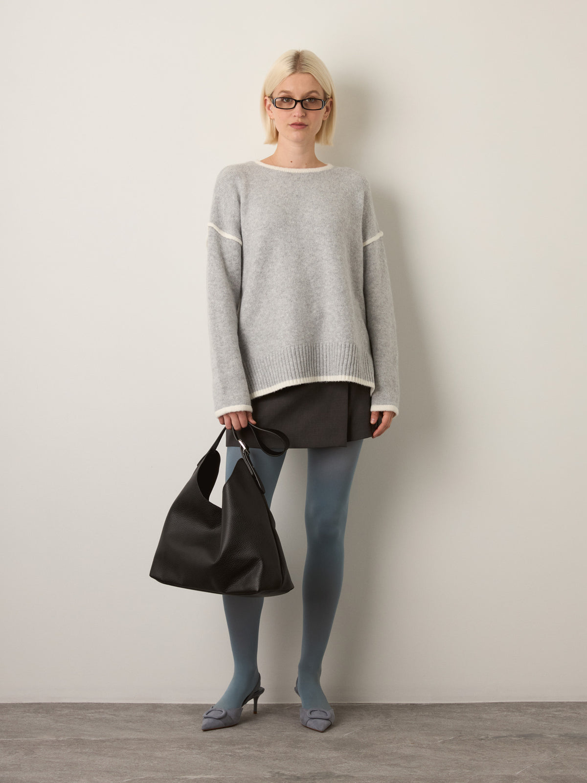 LOVEFINN - Contrast Trim Pullover Sweater - Heather Grey