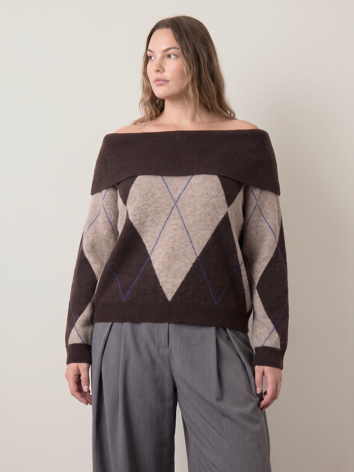 ONLY - Alivia Argyle Off Shoulder Pullover Sweater - 