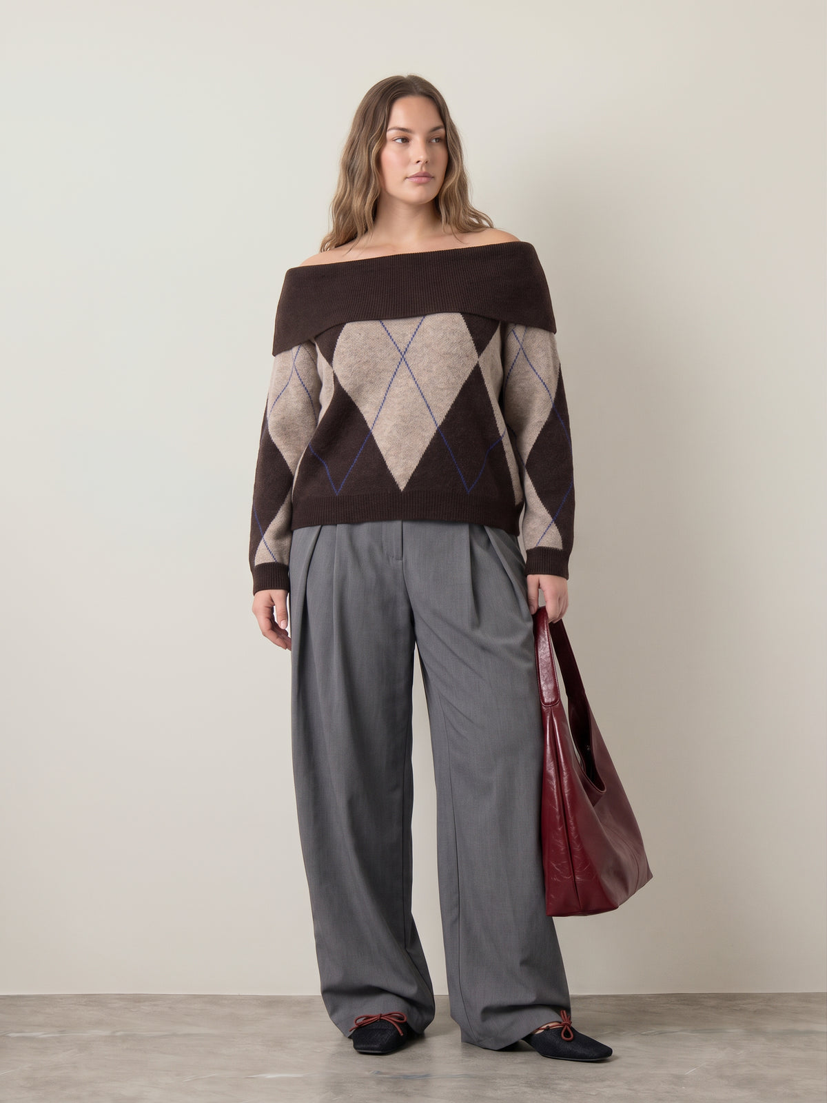 ONLY - Alivia Argyle Off Shoulder Pullover Sweater - 