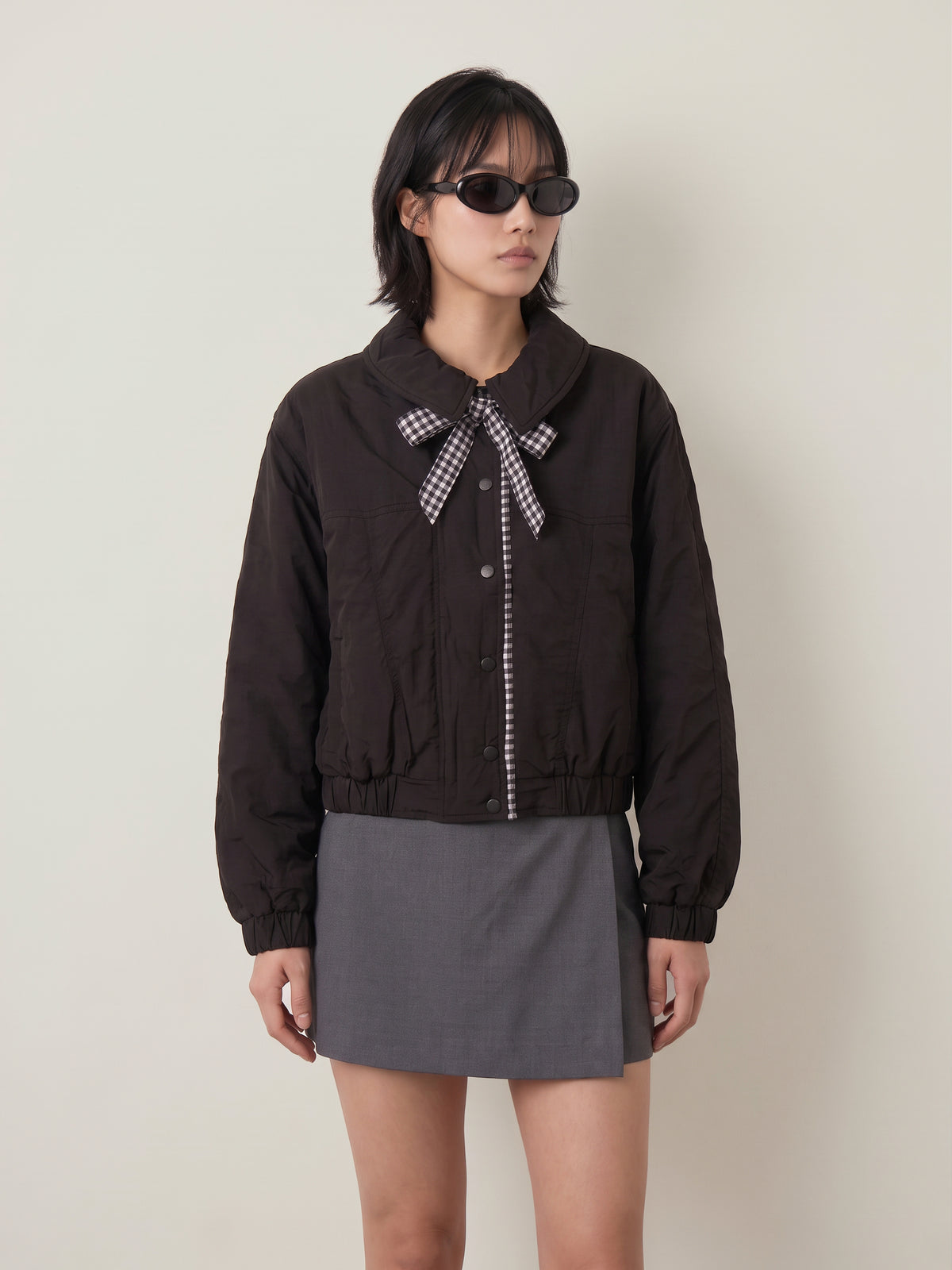 LOVEFINN - Gingham Contrast Bomber Jacket - 
