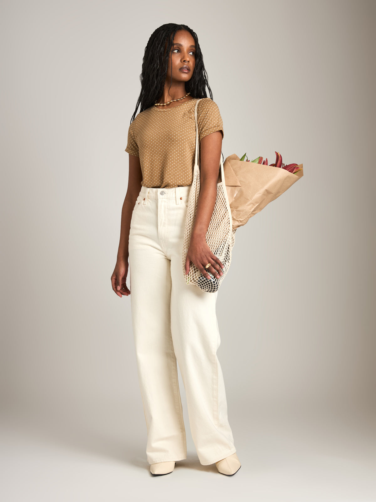 MONK & LOU - Printed Virgo T-Shirt - Sand White Mini Dots