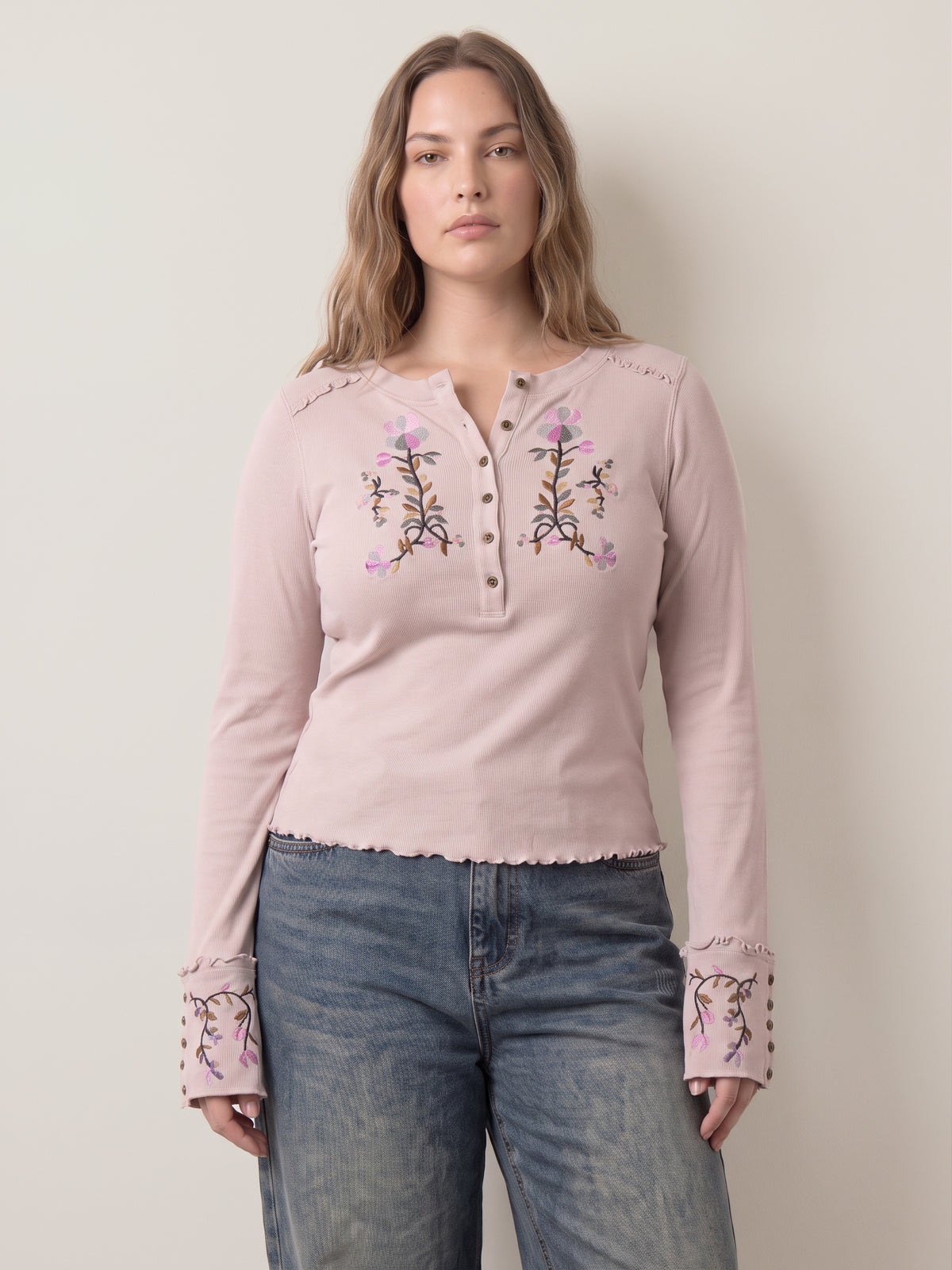 FREE PEOPLE - Fleur Embroidered Longsleeve Henley Top - 