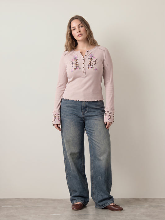 FREE PEOPLE - Fleur Embroidered Longsleeve Henley Top - 