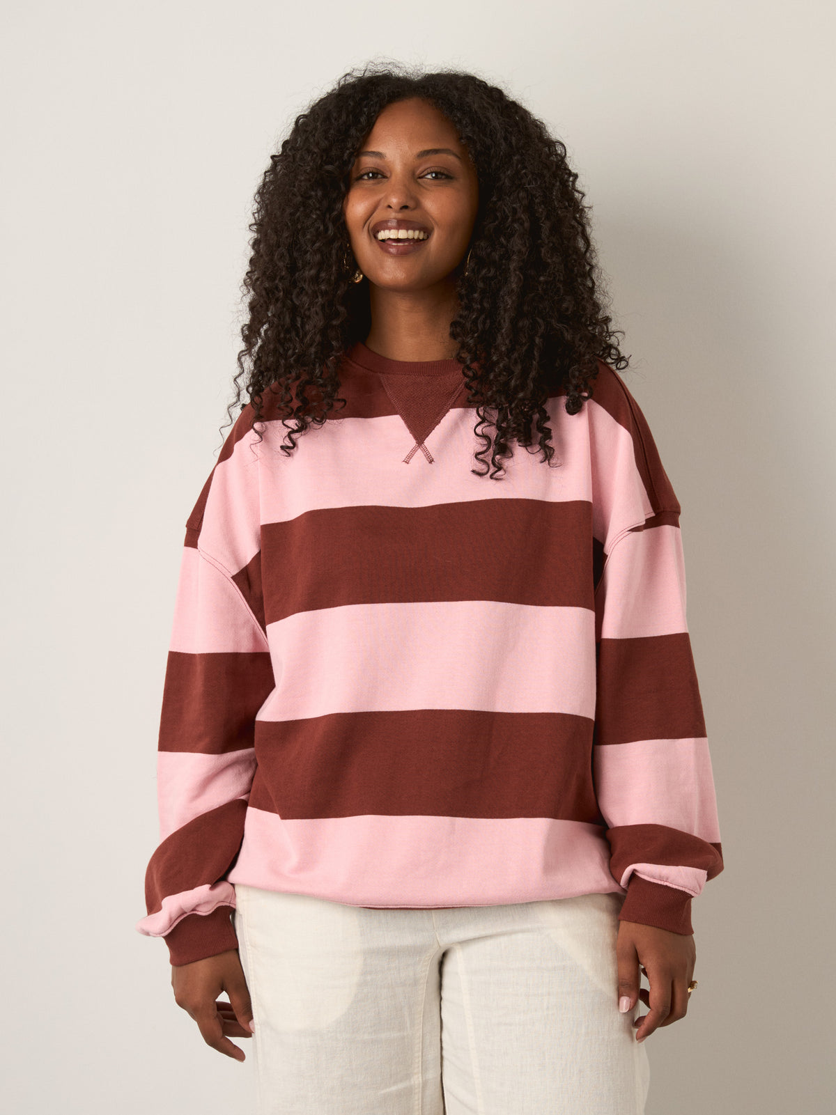 FREE PEOPLE - Classic Striped Oversized Crewneck Sweatshirt - Strawberry Wine Combo