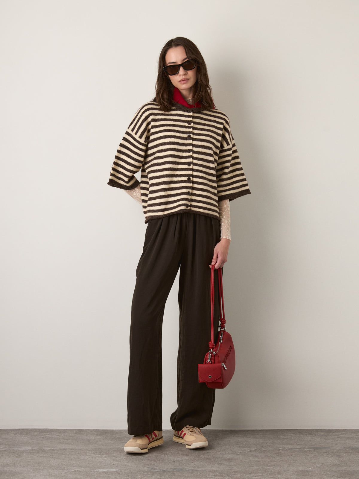 LOVEFINN - Kelsey Stripe Three-Quarter Sleeve Striped Cardigan - Brown / Ivory