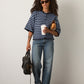 LOVEFINN - Kelsey Stripe Three-Quarter Sleeve Striped Cardigan - Navy / Blue