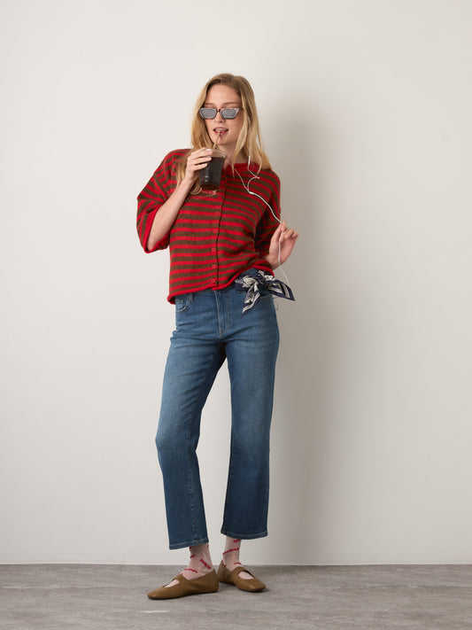 LOVEFINN - Kelsey Stripe Three-Quarter Sleeve Striped Cardigan - Red / Camel