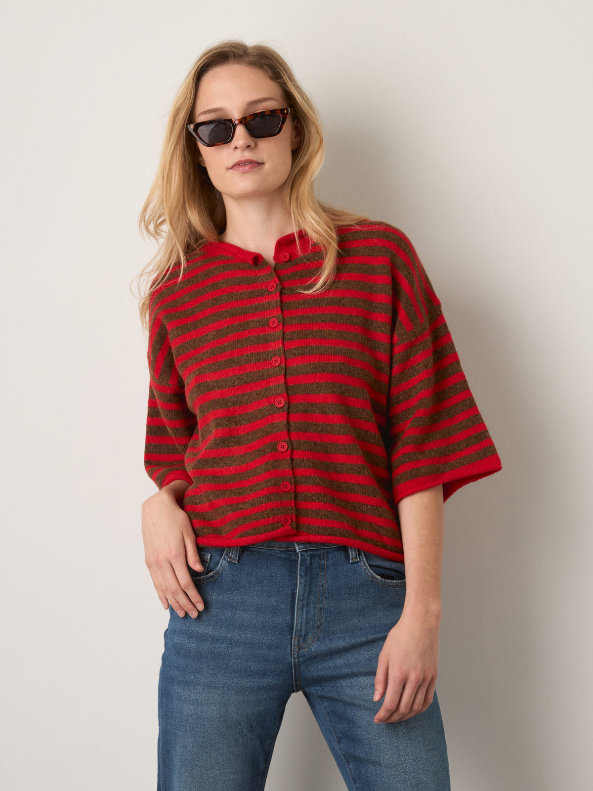 LOVEFINN - Kelsey Stripe Three-Quarter Sleeve Striped Cardigan - 