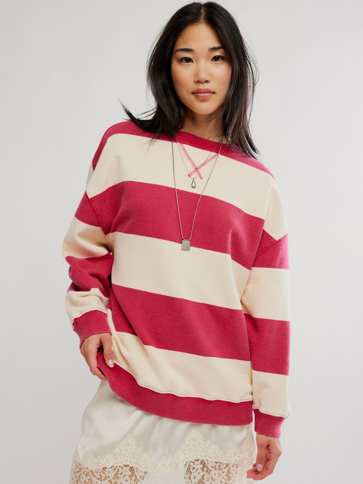 FREE PEOPLE - Classic Striped Oversized Crewneck Sweatshirt - 