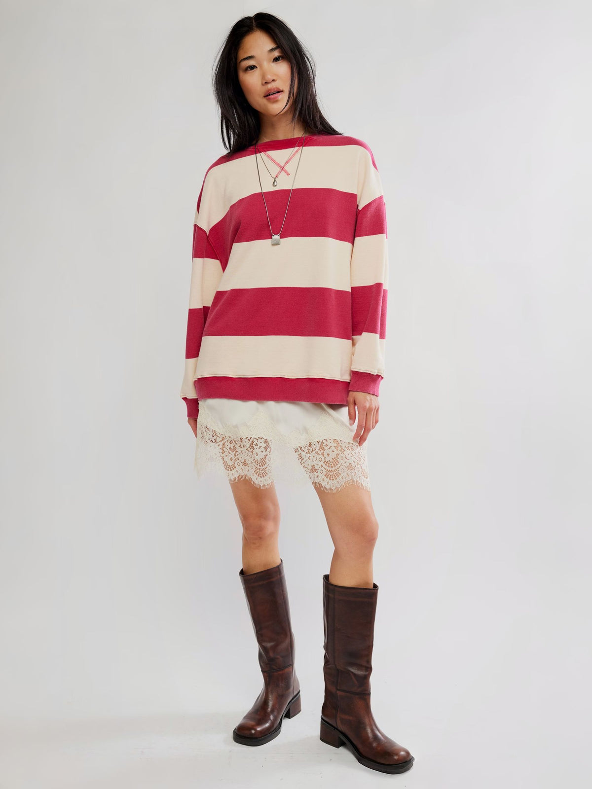 FREE PEOPLE - Classic Striped Oversized Crewneck Sweatshirt - Cherry Combo