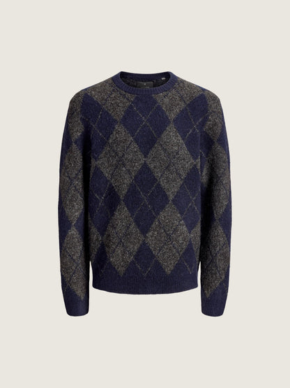 JACK & JONES - Premium Simon Souffle Sweater - Night Sky Argyle