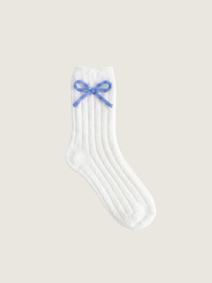 LYLA + LUXE - Plush Bow Detail Socks - White / Blue