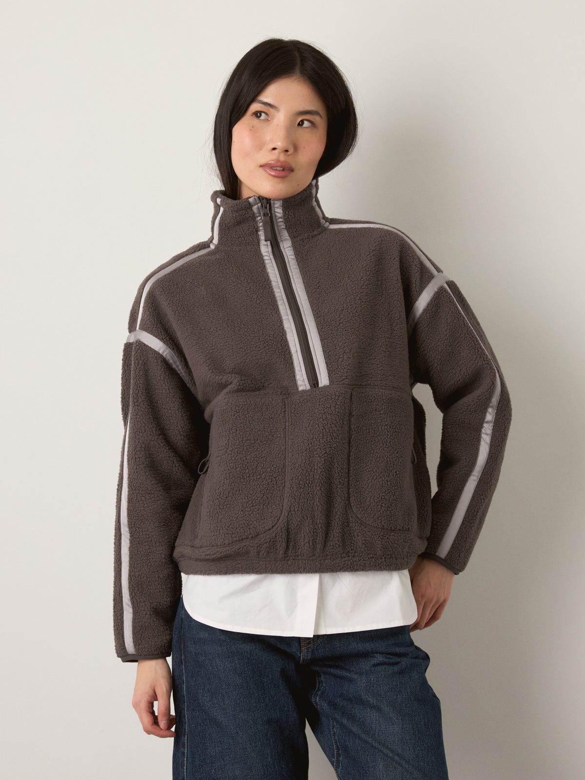 MONK & LOU - Lex High Pile Fleece Half-Zip Pullover Jacket - Warm Gray