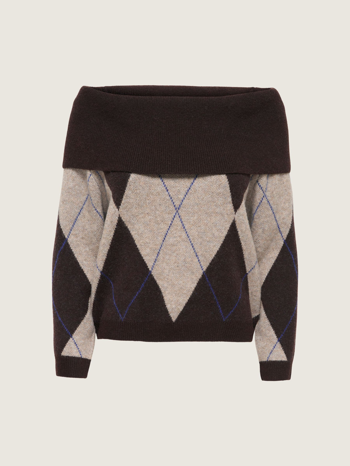 ONLY - Alivia Argyle Off Shoulder Pullover Sweater - Coffee Bean / Walnut
