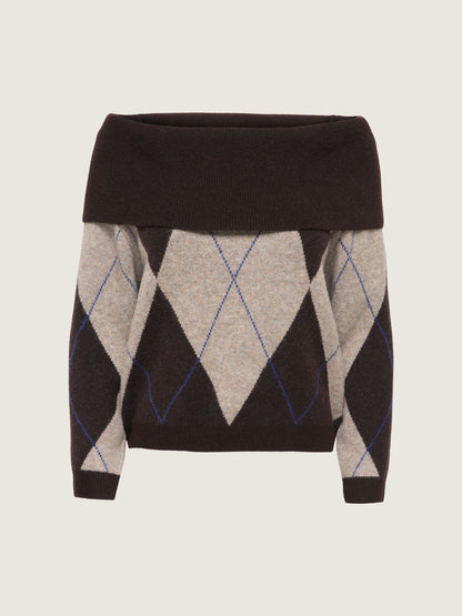 ONLY - Alivia Argyle Off Shoulder Pullover Sweater - Coffee Bean / Walnut