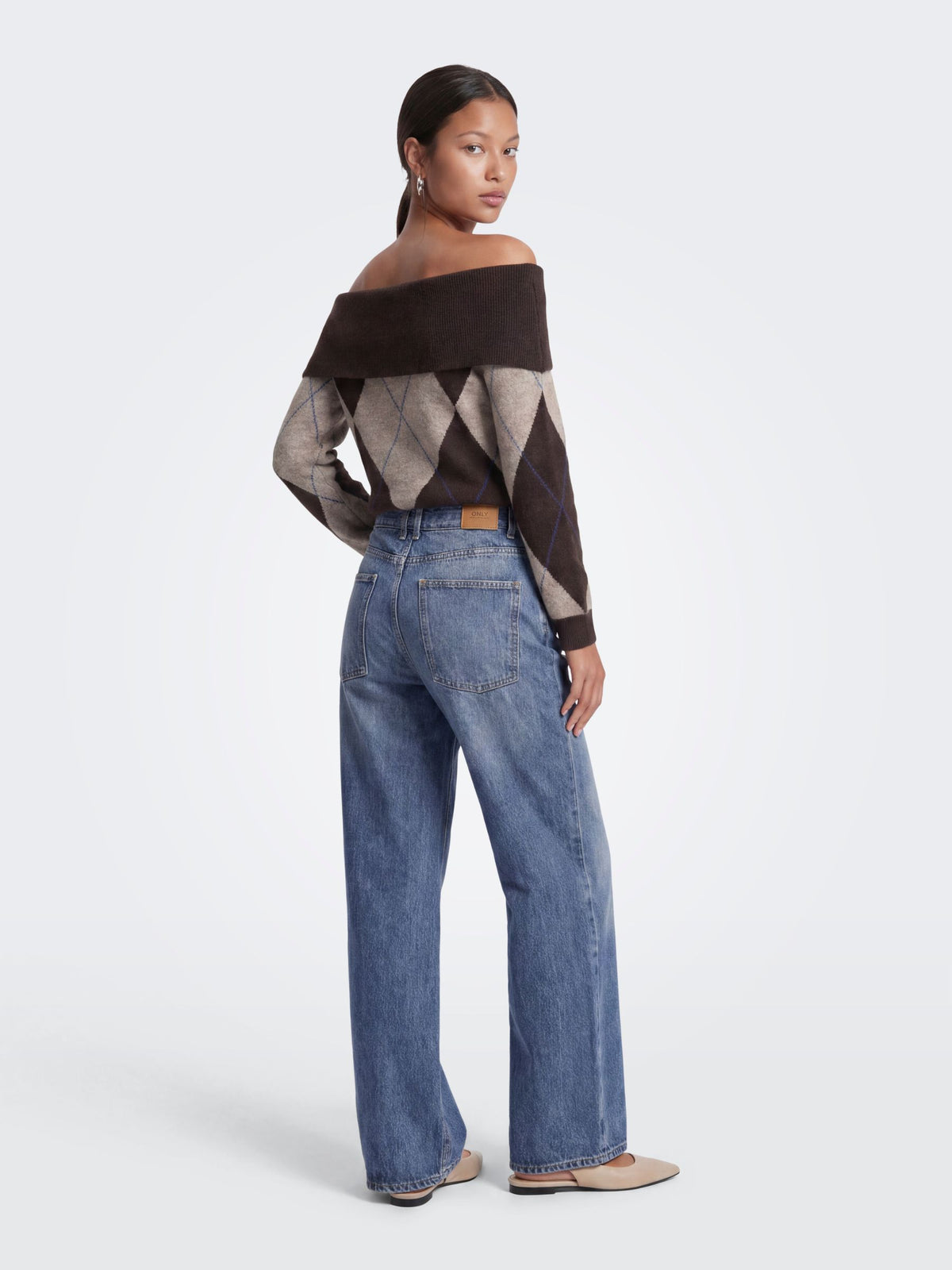 ONLY - Alivia Argyle Off Shoulder Pullover Sweater - 