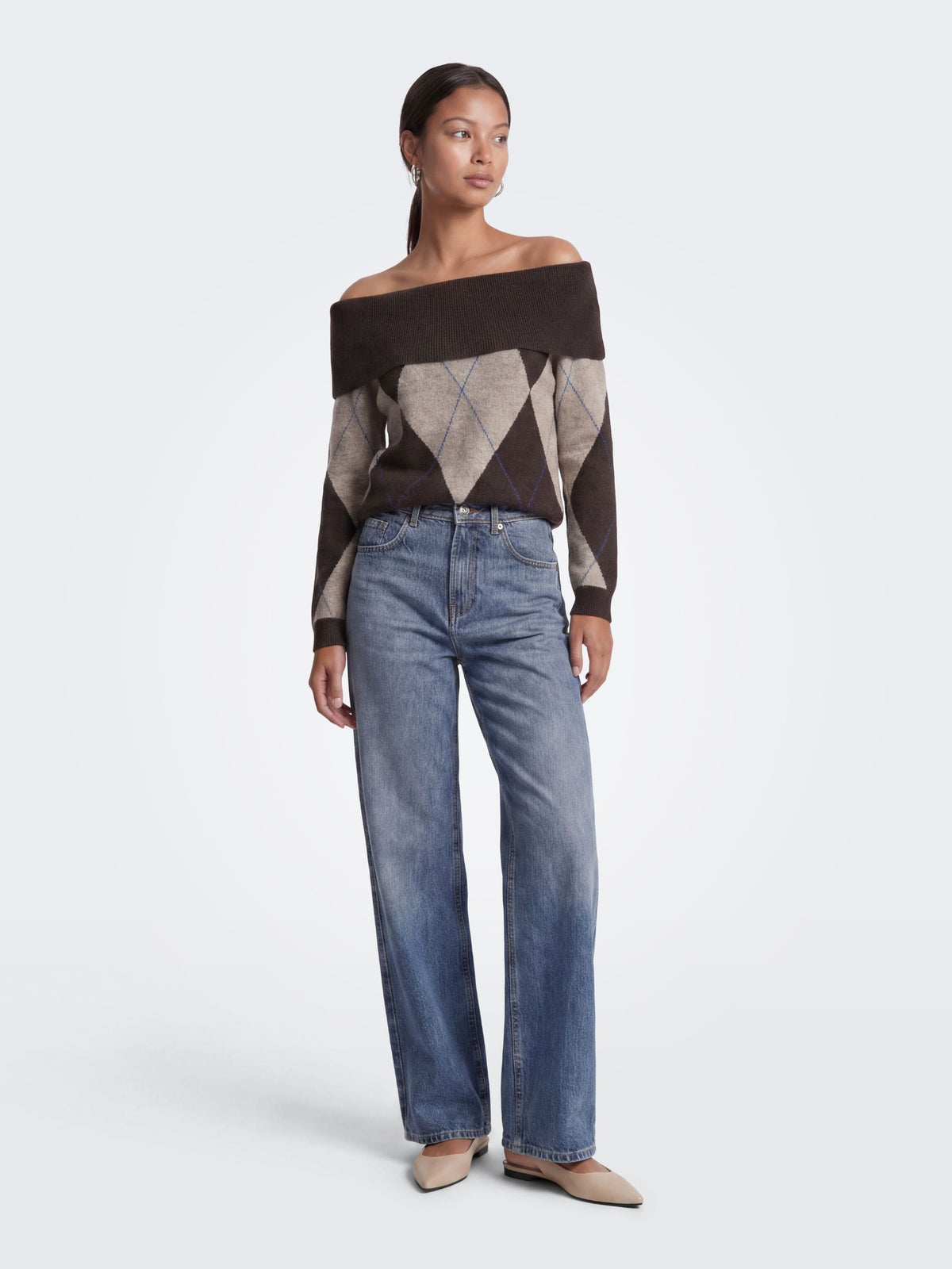 ONLY - Alivia Argyle Off Shoulder Pullover Sweater - 