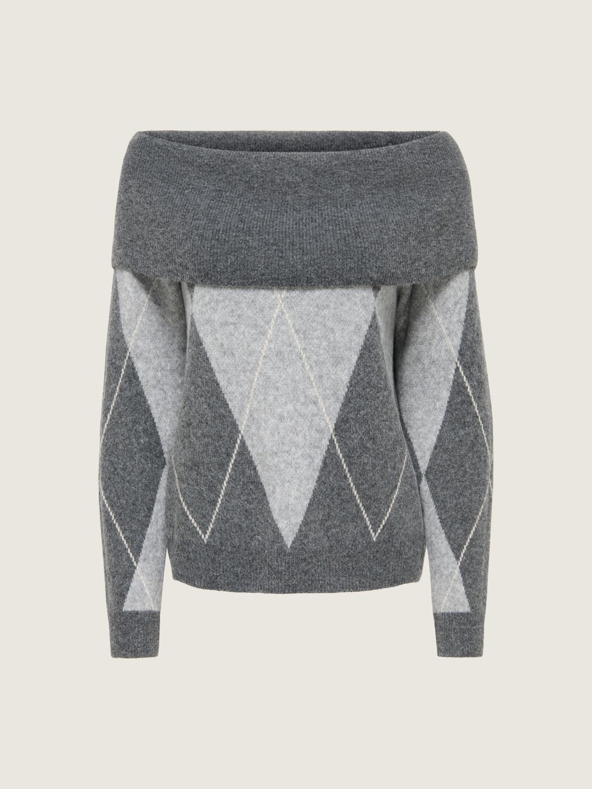 ONLY - Alivia Argyle Off Shoulder Pullover Sweater - Dark Grey Melange
