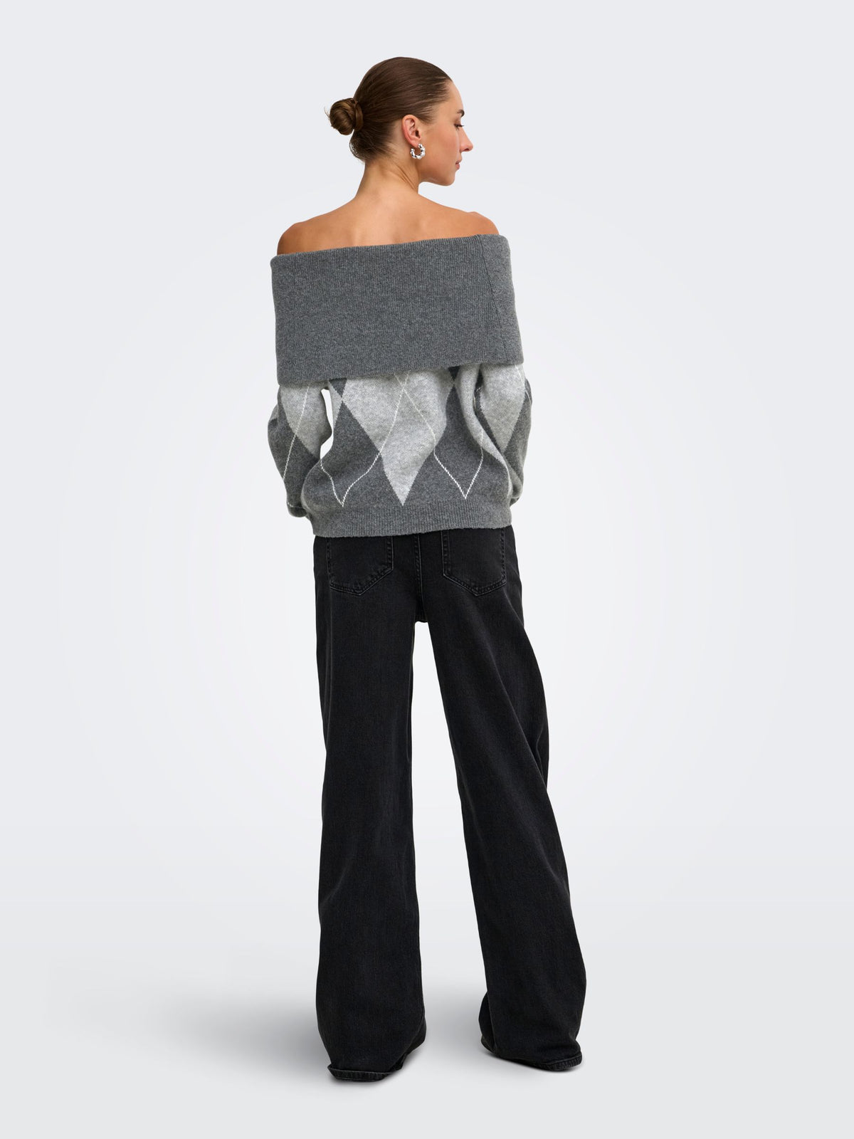 ONLY - Alivia Argyle Off Shoulder Pullover Sweater - 