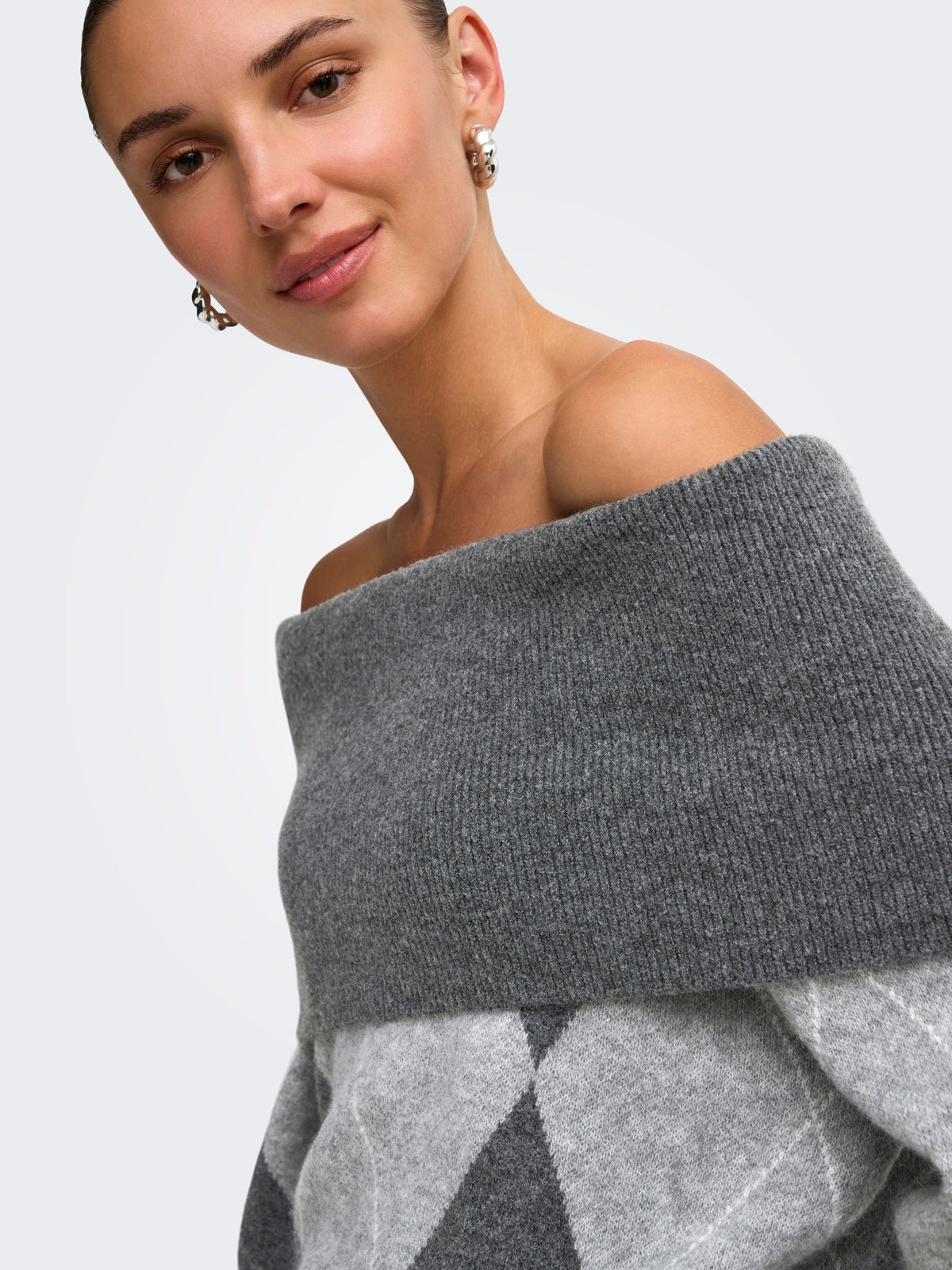 ONLY - Alivia Argyle Off Shoulder Pullover Sweater - 